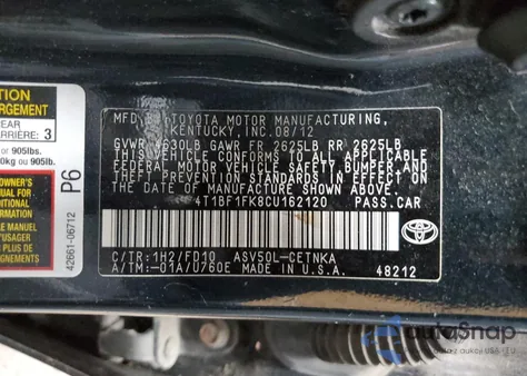 2012 Toyota Camry Base from USA, damaged, VIN 4T1BF1FK8CU162120